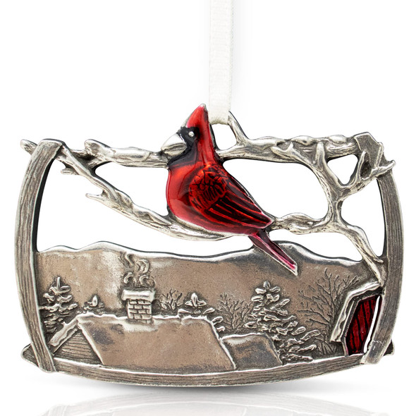 DANFORTH - 'A Visitor' Red Cardinal Christmas Tree Ornament, Hanging Pewter Xmas Decoration, Winter Decor, 2015 Annual Ornament, for Bird Lovers, 2 ½” Wide by 1 ¾” High, Made in USA