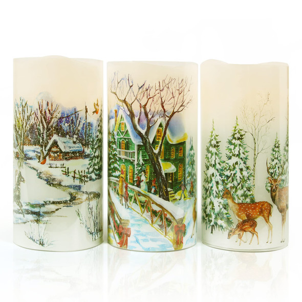Christmas Flameless Candles Real Wax LED Candles Decor Battery Operated with Timer and Green Christmas Tree Decal,Set of 3,Warm Light