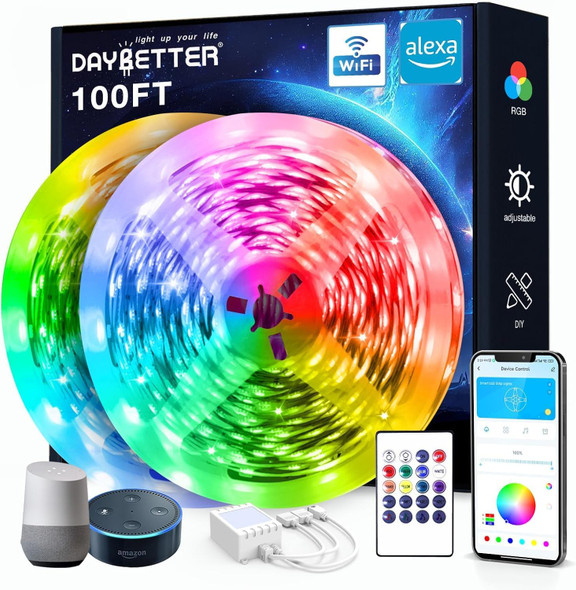DAYBETTER 100 ft Smart WiFi Led Lights, Led Strip Lights Work with Alexa and Google Assistant, App Voice Remote Control Music Sync Color Changing RGB Strip Lighting for Bedroom Room Decor, 50 ft 2 DAYBETTER 100 ft Smart WiFi Led Lights, Led Strip Lights Work with Alexa and Google Assistant, App Voice Remote Control Music Sync Color Changing RGB Strip Lighting for Bedroom Room Decor, 50 ft 2