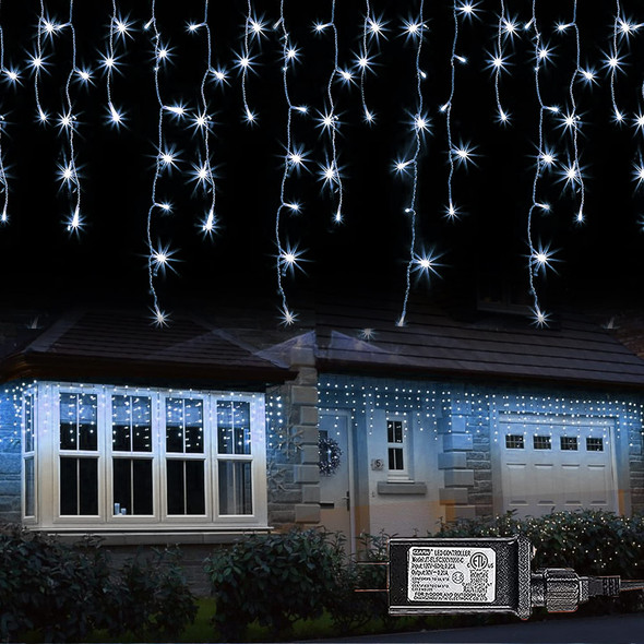 Dazzle Bright 360 LED Christmas Icicle Lights, 29.5 FT 8 Modes Curtain Fairy Lights with 60 Drops, Connectable Xmas String Lights for Outside Holiday Wedding Party Decorations (White)