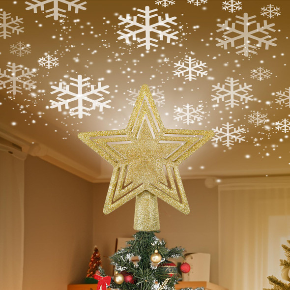 Christmas Tree Topper Lighted, Christmas Star Tree Topper with LED Rotating Snowflake Projector Lights, 3D Hollow Glitter Golden Star Projector for Christmas Tree Decorations Xmas s
