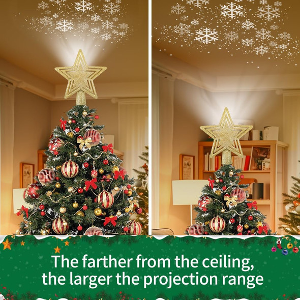 Christmas Tree Topper Lighted, Christmas Star Tree Topper with LED Rotating Snowflake Projector Lights, 3D Hollow Glitter Golden Star Projector for Christmas Tree Decorations Xmas s