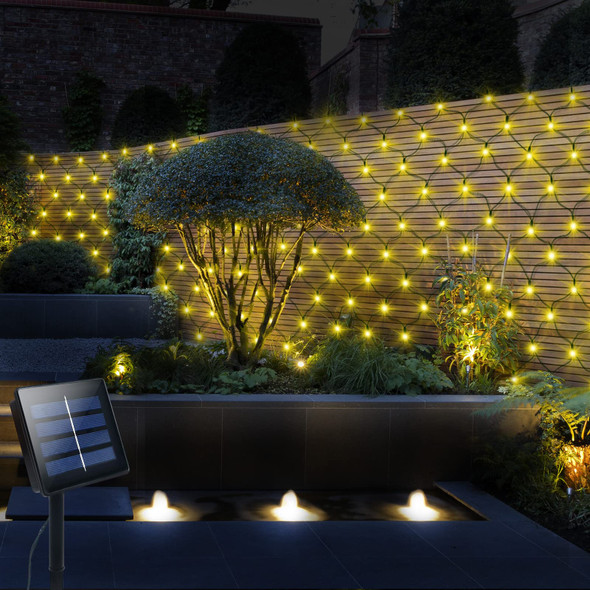 Solar Net Mesh String Lights Outdoor Waterproof 9.8ft x 6.6ft 200 LEDs Tree-wrap Lights,Dark Green Cable,8 Modes Outdoor Mesh Lights for Party Christmas Wedding Garden Home Patio Lawn - Warm White
