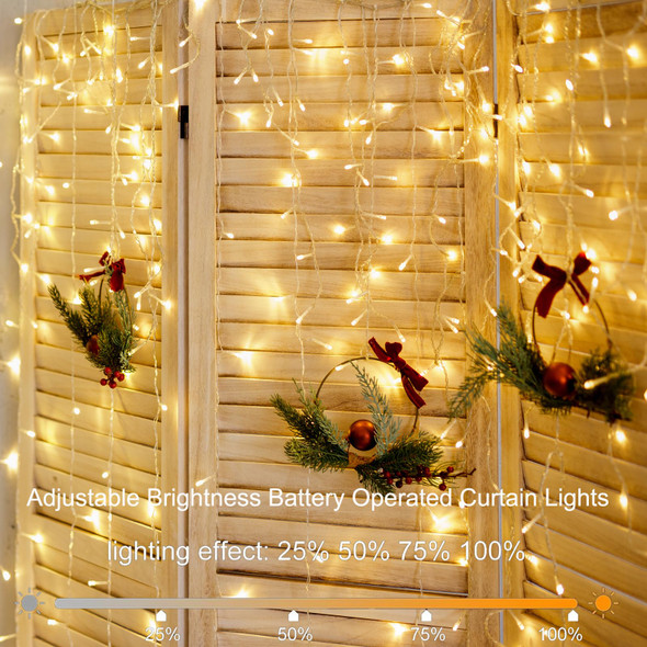 Battery Operated Curtain String Lights,9.8ft×9.8ft 300 LED Battery Curtain Lights with Remote Timer 8 Modes, Waterproof Curtain Fairy Lights for Outdoor Indoor Wedding Christmas Decor (Warm White)