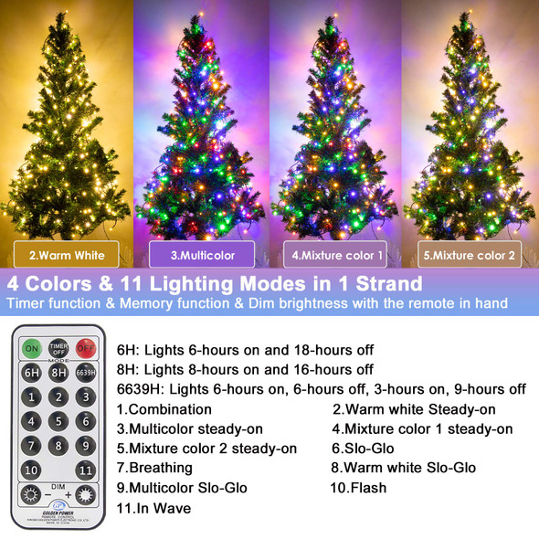 Decute Colors Changing Christmas Tree Lights 4 Colors in 1 String Lights, 11 Modes 300Leds 108FT Extendable Waterproof Indoor Outdoor Fairy Lights Warm White & Multicolor with Timer Remote