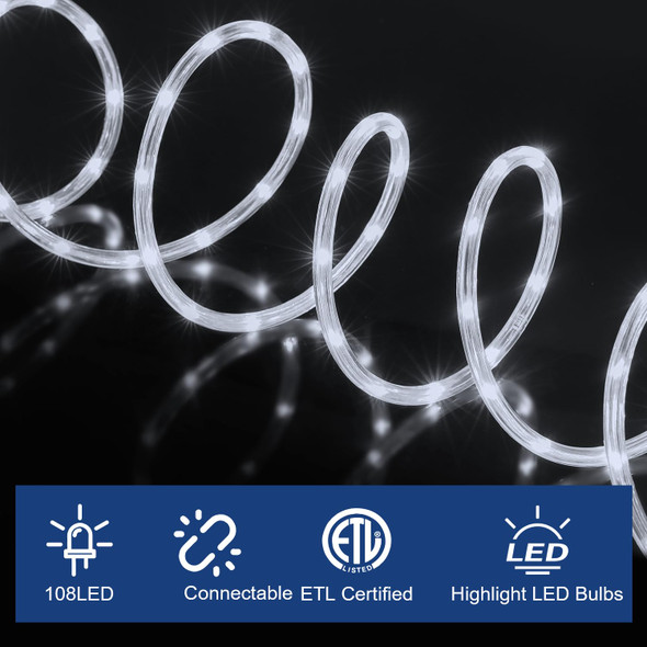 LED Rope Lights Outdoor, 108 LEDs 16Ft Connectable and Flexible Strip Lights with Holder, 110V Plug Waterproof Classic Clear Tube Lights for Indoor Outdoor Tree Garden Party Wedding Christmas (White)