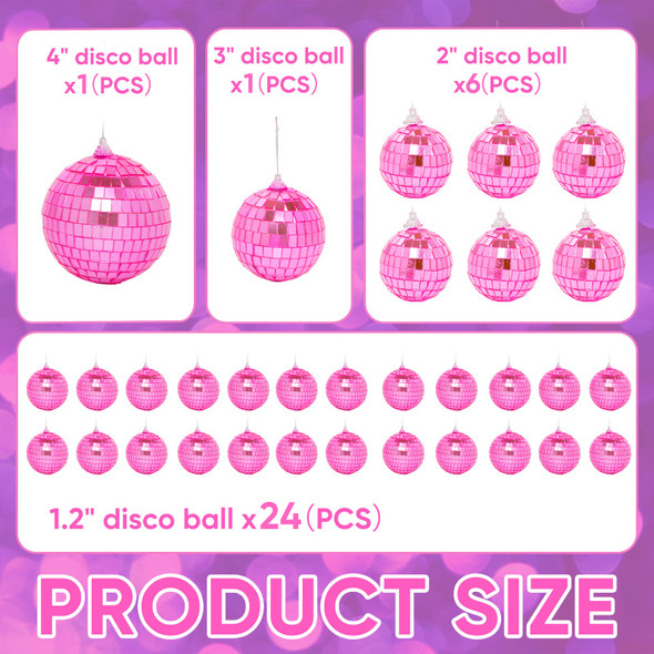 32 Pack Mini Disco Balls Decorations Different Sizes Mirror Ball with Hanging String Small Disco Ball Ornament for Disco Theme Party Cake Topper DJ Club Christmas Wedding Home Decor (Pink)