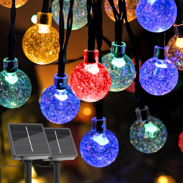 2 Pack Solar Lights Outdoor Waterproof, Total 72ft 120 LEDs Crystal Globe Lights with 8 Modes, Solar String Lights for Outside, Patio Porch Garden Yard Christmas Wedding Party Decor (Multicolor)