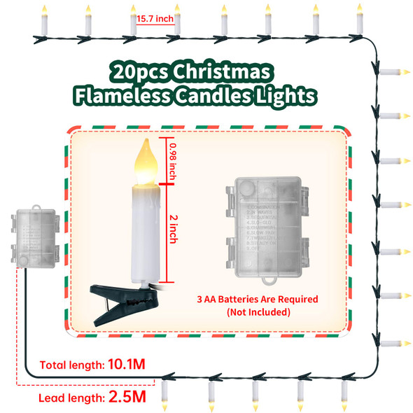 Christmas Tree Flameless Candles Lights, 20PCS LED Flickering Lights Battery Operated with Remote Clips, 8-Mode Remote Control,Clip on LED Candle Lights Outdoor Waterproof for Christmas Trees