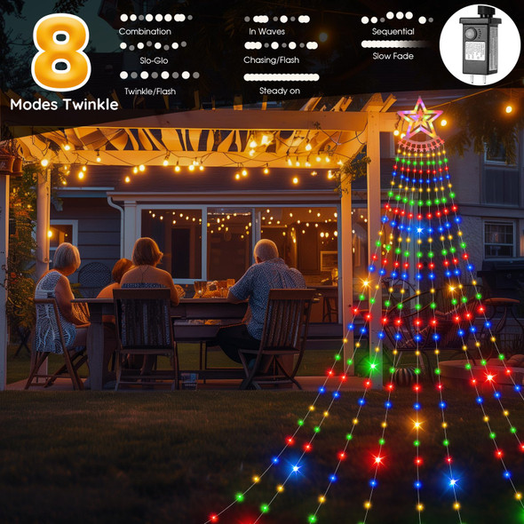 Christmas Outdoor Decoration Waterfall Star String Lights, 350 LEDs 12.8Ft Tree Topper Lights 8 Memory Mode for Outside Yard Holiday Party Decor Multicolor