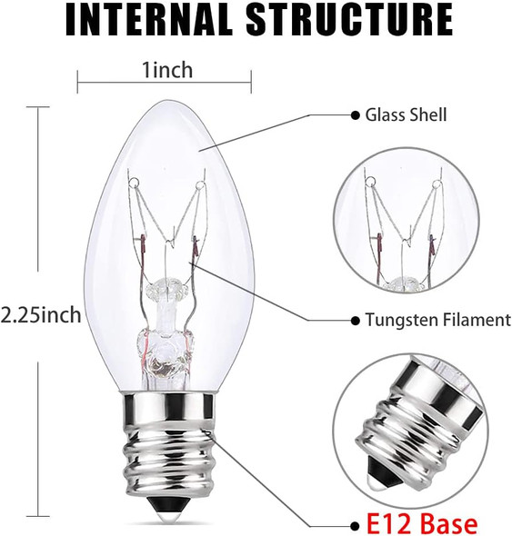 25 Pack C7 Clear Replacement Bulbs, C7 Outdoor Christmas String Light Bulbs, 5 W Night Light Bulbs Incandescent Bulbs for C7/ E12 Candelabra Base Christmas Outdoor String Lights- Clear