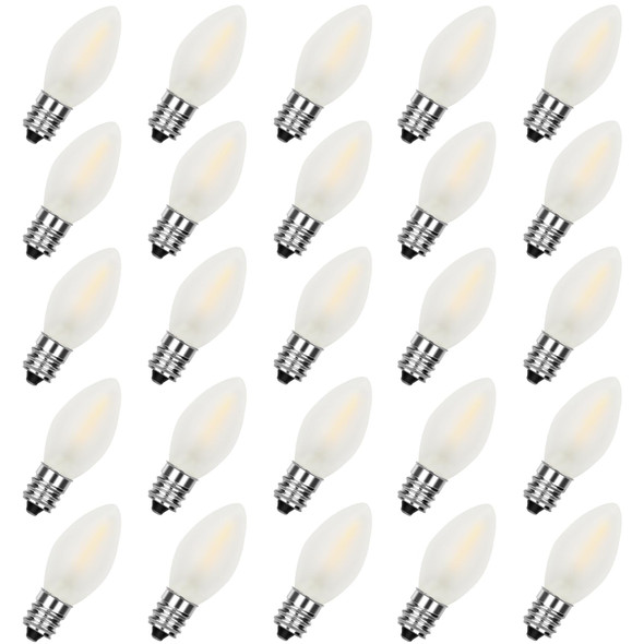 25 Pack C7 LED Christmas Light Bulb, White LED Christmas Frosted Light Bulb Indoor Outdoor Patio Christmas Party String Lights, 0.6W LED Shatterproof, C7/E12 Candelabra Base, 2700K Warm White