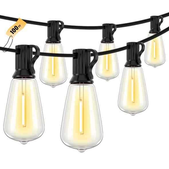 100FT LED Outdoor String Lights, 2700K LED Patio Lights with 50+2 Shatterproof Vintage Bulbs, Hanging String Lights Waterproof Outside for Porch, Backyard, Garden, Gazebo