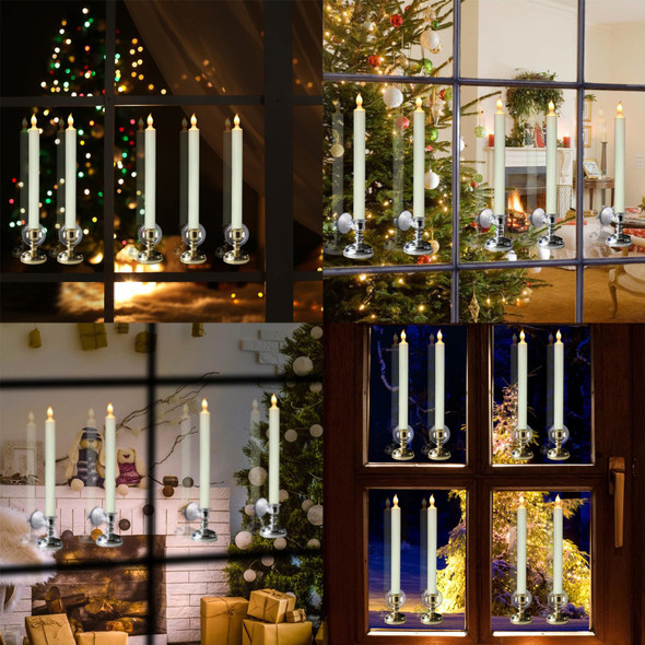 DRomance Flameless Window Candles with Remote and Timer, Battery Operated LED Taper Candles with Suction Cups Set of 6 Christmas Window Candles(Silver Holders)