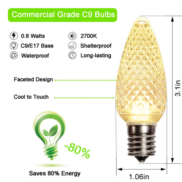 echosari 25 Pack C9 LED Replacement Christmas Light Bulbs for Outdoor String Lights, 0.8W UL Listed Commercial Grade Holiday Bulbs, C9/E17 Candelabra Base Sockets (Warm White)