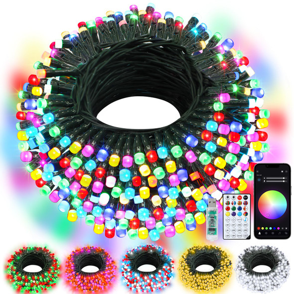 echosari Christmas Smart String Lights RGB Color Changing IC, 100 LED 33Ft Fairy Lights with Remote & App Control, Music Sync Trees Lights for Yard Garden Xmas Decoration (Dark Green Cable)