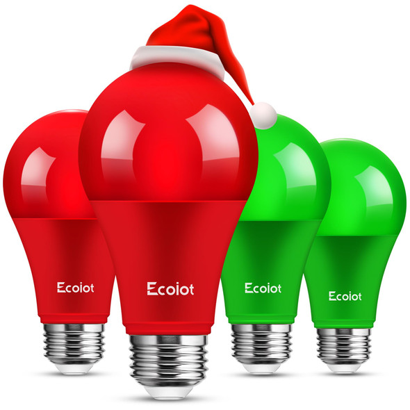 Red and Green Light Bulbs 9W (60W Equivalent), E26 Base, 4-Pack (2 Red and 2 Green) for Halloween, Christmas, Party, Home Lighting, Porch Decoration, Energy Efficient, Indoor/Outdoor Use