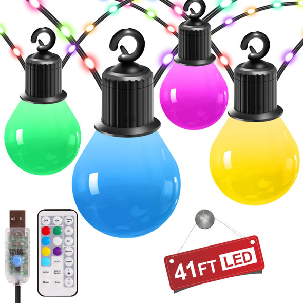 ECOWHO 41FT Outdoor String Lights, 100 LED Patio Lights, USB Plug RGB Christmas String Lights with Remote IP65 Waterproof 20G40 Bulbs Color Changing String Lights for Garden Yard Camper Party Decor