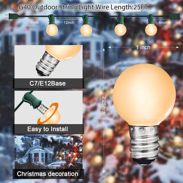 Outdoor String Lights 25FT G40 Christmas Globe Patio Lights with 27 Frosted White Bulbs(2 Spare), Hanging Outdoor Christmas Decorations Lights Waterproof for Backyard Porch Balcony Holiday Party Decor