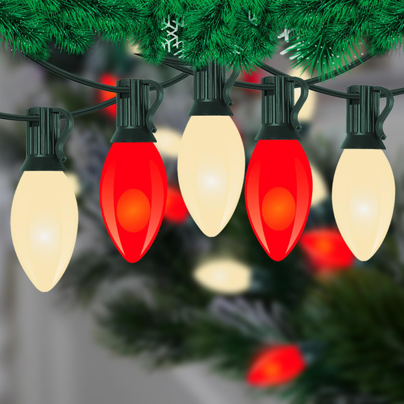 Vintage C9 LED Christmas Lights 25Ft C9 Outdoor Red and White Christmas String Lights with 26 Shatterproof LED Bulbs, Hanging Vintage Christmas Lights for Holiday Party Roofline Backyard Garden Decor