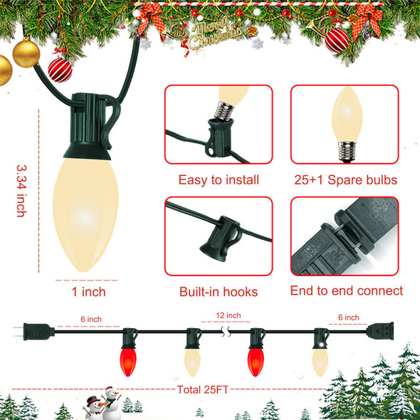 Vintage C9 LED Christmas Lights 25Ft C9 Outdoor Red and White Christmas String Lights with 26 Shatterproof LED Bulbs, Hanging Vintage Christmas Lights for Holiday Party Roofline Backyard Garden Decor Vintage C9 LED Christmas Lights 25Ft C9 Outdoor Red and White Christmas String Lights with 26 Shatterproof LED Bulbs, Hanging Vintage Christmas Lights for Holiday Party Roofline Backyard Garden Decor