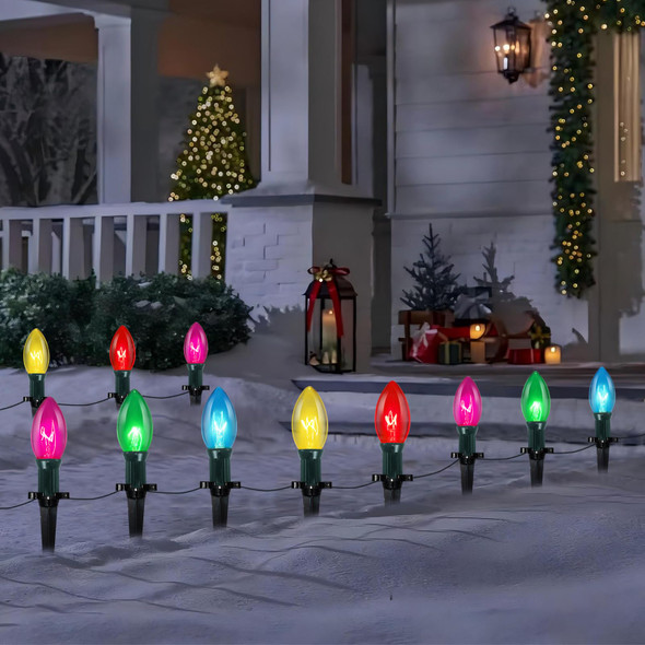 38Ft Christmas Pathway String Lights Outdoor with C9 25 Multicolor Christmas Pathway Marker Stakes Lights, Extendable C9 Outdoor Walkway Lights for Outside Xmas Party Holiday Backyard Sidewalk Decor