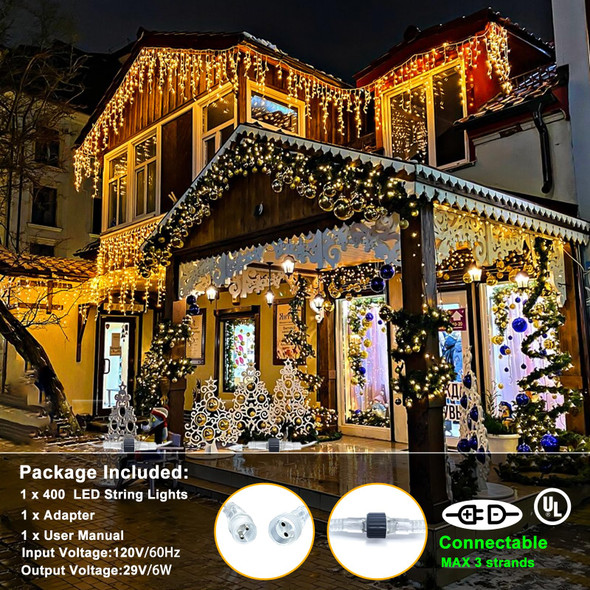 Icicle Christmas Lights Outdoor, 33ft 400 LED Christmas Lights 8 Modes Waterproof with 75 Drops, Plug in Twinkle Fairy String Lights for House Indoor Party Holiday Wedding Decoration, Warm White