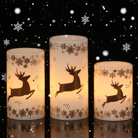 Eldnacele Christmas Flickering Flameless Candles with 6 Hour Timer, Gold Deer Decal Battery Operated Real Wax LED Pillar Candles Home Tabletop Holiday Decor(3Pcs,3×4/5/6 Inches)
