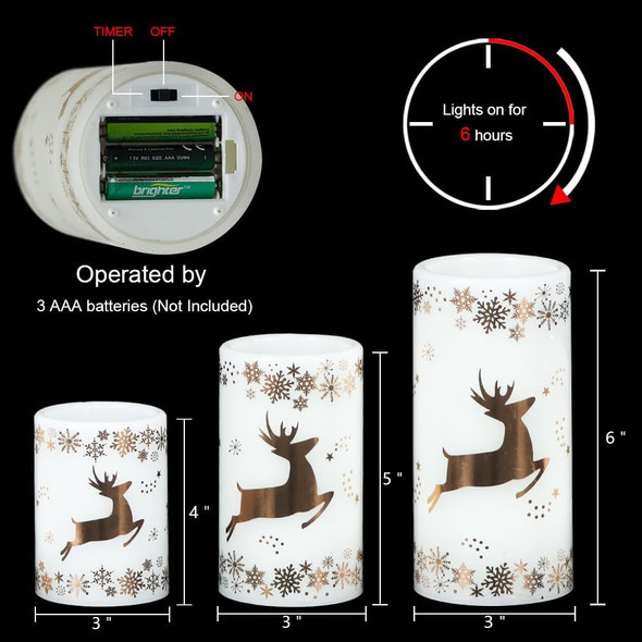 Eldnacele Christmas Flickering Flameless Candles with 6 Hour Timer, Gold Deer Decal Battery Operated Real Wax LED Pillar Candles Home Tabletop Holiday Decor(3Pcs,3×4/5/6 Inches)