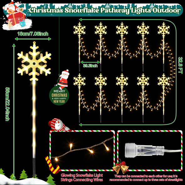 10 Pcs Christmas Snowflake Pathway Stake Lights for Outdoor Yard, 370 Bright LEDs Waterproof Large Christmas Snowflake Light Decoration for Garden Lawn Driveway Walkway Decor (Warm White)