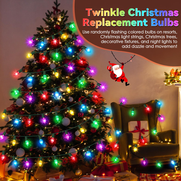25 Pack Twinkle Christmas Replacement Bulbs, 7W C7 Random Blinking Light Bulbs for Christmas String Light, E12 Intermediate Base, Multi Color Light Bulbs for Night Lights (Clear Twinkle)