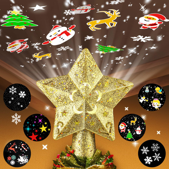 Christmas Star Tree Topper Lighted with 6 Projection Modes, Gold Christmas Tree Topper with Built in LED Rotating Lights, 3D Dynamic Glitter Projector for Xmas Year Tree Decoration