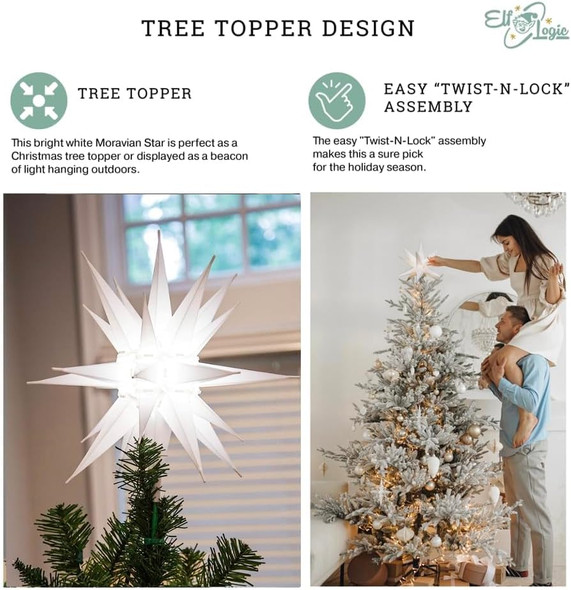 Elf Logic 14” Bright White LED Moravian Star Tree Topper - Hanging Outdoor/Indoor Christmas Tree Star Topper Light - Use as Holiday Decoration, Porch Light, Wedding and Ballroom Venue Decor