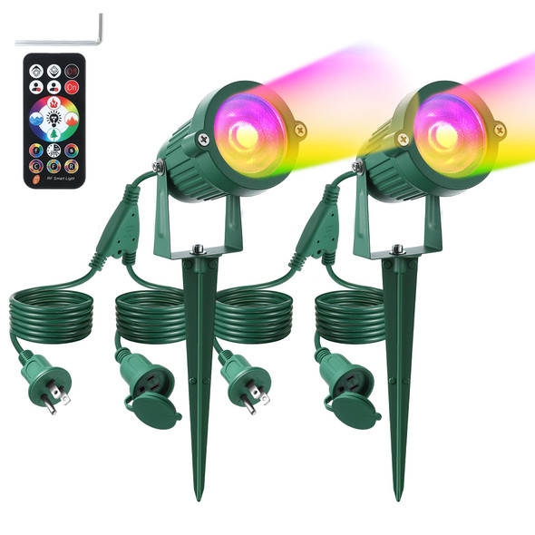 Enhon 2 Pack RGB Spotlight Outdoor for Christmas Waterproof LED Landscape Lighting with Timer 10 FT Power Extension Cord, 120V Remote Control Color Changing Spotlights for Yard Garden Lawn
