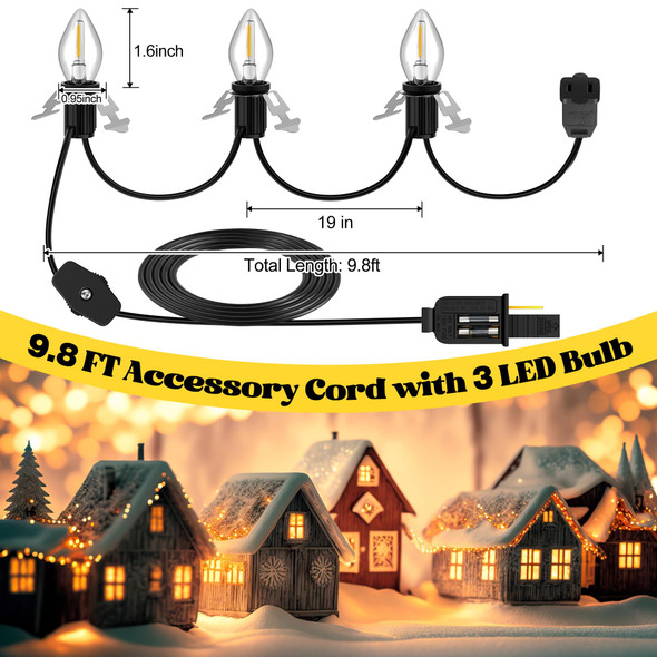 Enhon 2 Pack Accessory Cord with 3 LED Light Bulbs, 9.8 FT Christmas Village Light Cord with 2 Fuse and Switch, C7 Blow Mold Light with Female Plug for Christmas Halloween Holiday Decor, Warm White