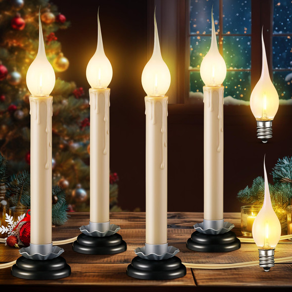 Enhon 4 Pack Rustic Country Candle Lights with Replacement Silicone Bulb, C7 0.6W Electric LED Christmas Window Candles Plug in, UL Certification Warm White Candlestick Lamp, 5 FT Cord, On/Off Switch