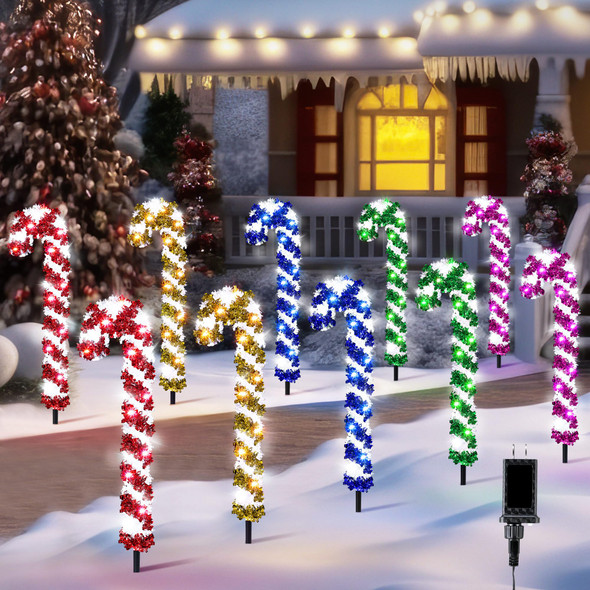 Enhon 10 Pack Christmas Candy Cane Lights with Stakes, Tinsel Christmas Candy Cane Pathway Markers Lights with 8 Modes & Timer for Xmas Walkway Yard Lawn Outdoor Decorations(Multicolor)