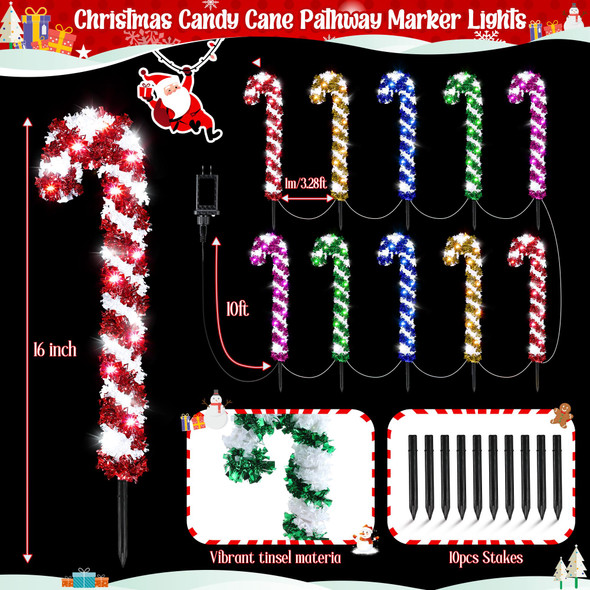 Enhon 10 Pack Christmas Candy Cane Lights with Stakes, Tinsel Christmas Candy Cane Pathway Markers Lights with 8 Modes & Timer for Xmas Walkway Yard Lawn Outdoor Decorations(Multicolor)
