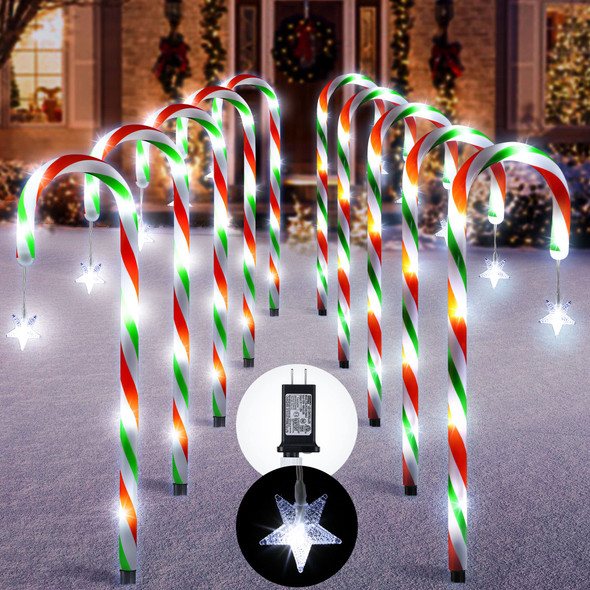 Christmas Candy Cane Lights, 10 Pack 20 Inch Pathway Markers Lights with Stakes, Christmas Red Green and White Driveway Lights with 8 Lighting Modes for Xmas Holiday Party Walkway Patio Garden Decor