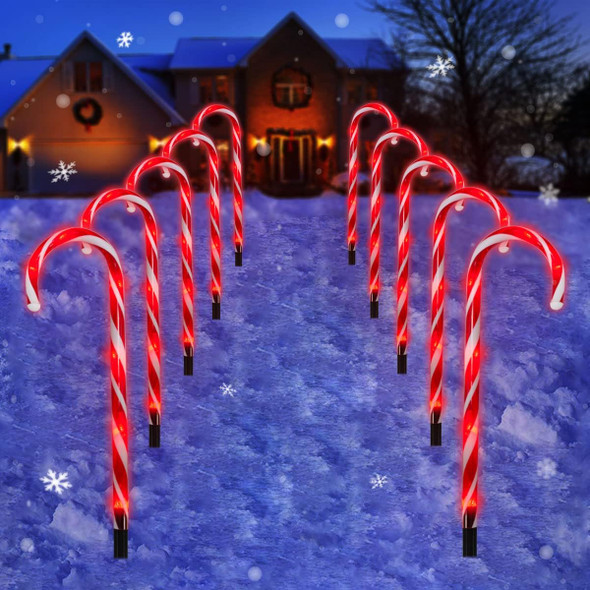 Candy Cane Outdoor Landscape Lights - 10 Pack 60 Red LEDs 21in Lighted Christmas Path Lights String with Memory Function 8 Flashing Modes End-to-End Plug in Waterproof Outside Candy Xmas Decorations