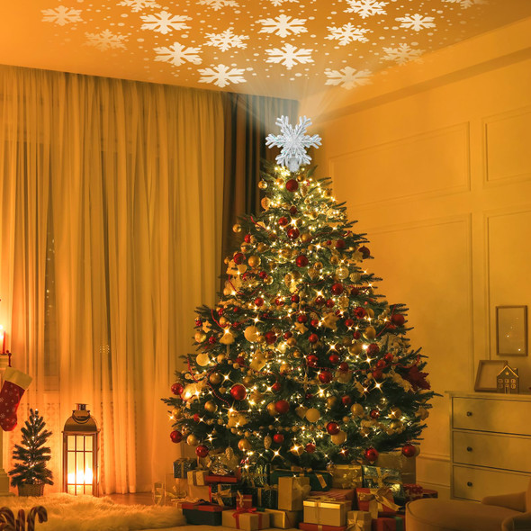 Christmas Tree Topper Lighted Star Tree Topper with Rotating Snowflake Projector Lights, LED Silver Snowflakes Tree Topper for Xmas Tree Decorations (Silver Snow)