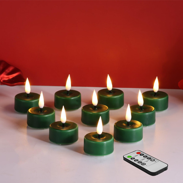 Eywamage Green Christmas Flameless LED Tealights with Remote Batteries, Flickering Battery Operated Tea Votive Candles Set of 10