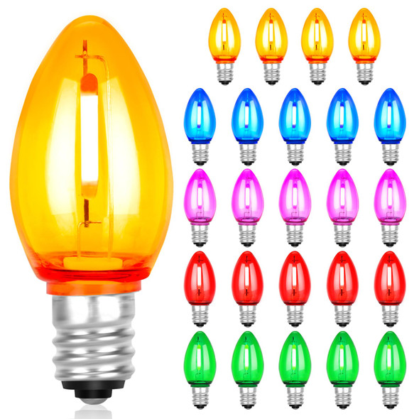 C7 Led Replacement Christmas Light Bulbs,C7 Shatterproof Multicolor Clear LED Bulbs(Pack of 25),C7/E12 Candelabra Base,Commercial Grade Holiday Bulbs for Indoor and Outdoor String Lights