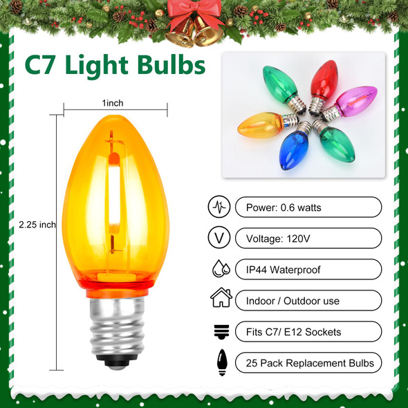 C7 Led Replacement Christmas Light Bulbs,C7 Shatterproof Multicolor Clear LED Bulbs(Pack of 25),C7/E12 Candelabra Base,Commercial Grade Holiday Bulbs for Indoor and Outdoor String Lights