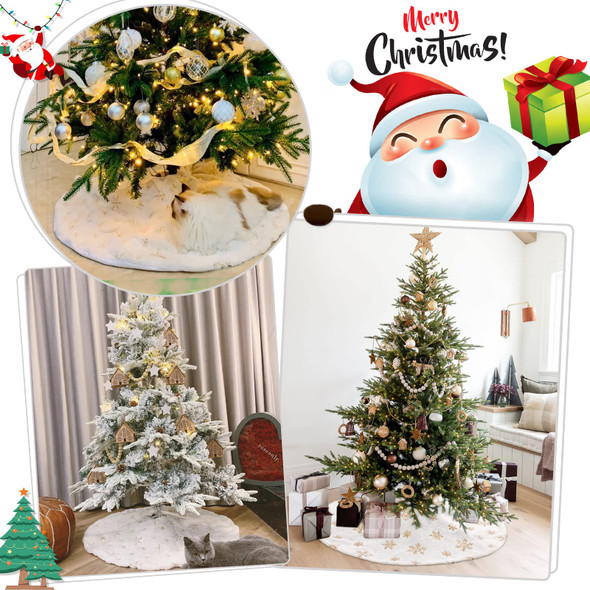White Faux Fur Tree Skirt Gold Sequin Snowflakes Tree Skirts 24 Inches Mini Christmas Plush Tree Skirts Xmas Ornaments Decorations