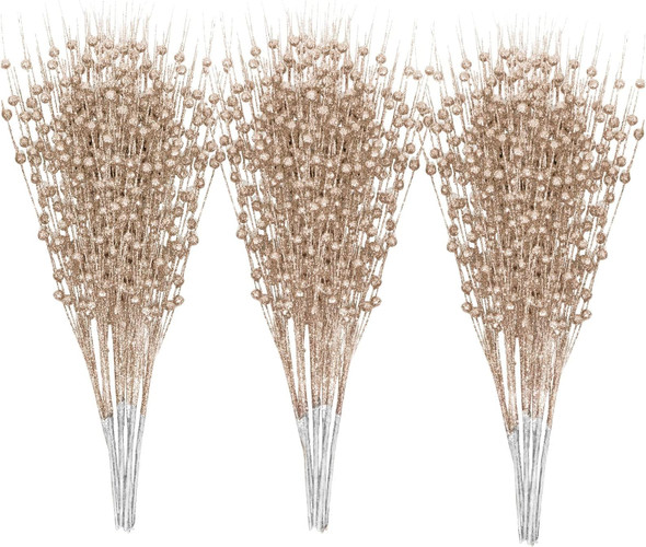 30-Pack Christmas Picks and Sprays Champagne Gold Artificial Glitter Berry Stems Branches Twigs Sticks Sprigs Christmas Tree Decorations, Ornaments for Garland, Wreath, Flowers and Tree Topper