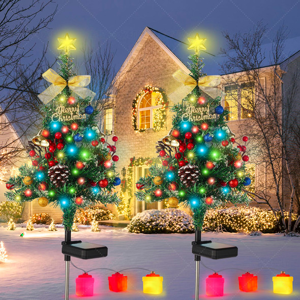 Solar Christmas Tree Decorations Outdoor Lights 2 Packs with 60 LED 50 Xmas Ornaments 6 Lighted Boxes 8 Modes 34Inch Mini Prelit Christmas Tree for Porch Pathway Yard Garden Grave Cemetery