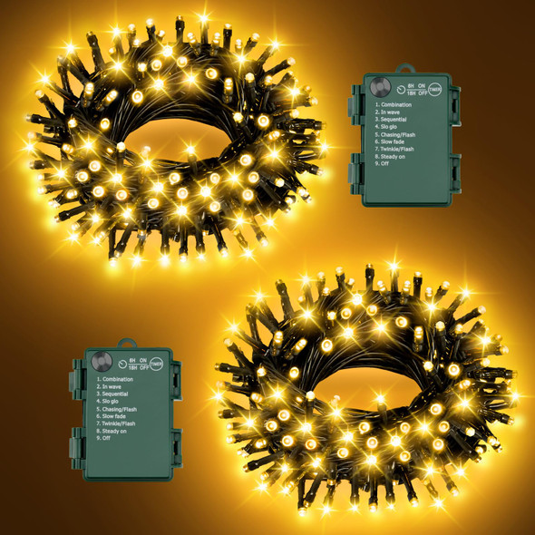 8 Modes Christmas String Lights Battery Operated Christmas Lights with Timer 16.4Ft2 Total 100LED 33Ft Waterproof Fairy Lights Outdoor Indoor for Christmas Decor, Warm White, 2-Pack