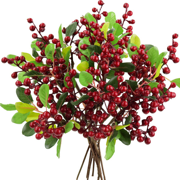 Vibrant Artificial Holly Red Berry Decorations with Flexible Stems: Set of 10 for Stunning Vases, Bouquets, and Floral Arrangements - FiveSeasonStuff Floral