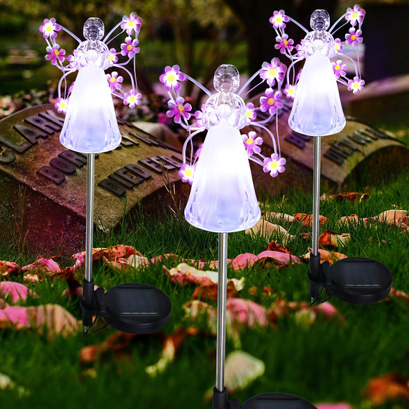 Flumy Solar Lights Outdoor Waterproof 2 Packs,Cemetery Grave Decorations,Memorial ,Christmas Yard Art,Solar Lights for Outside Gardening Supplies, Iron Winged Angel Light Solar Powered，Pink